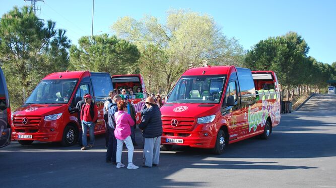 Un grupo de turistas visita Jaén en autobuses descapotables.