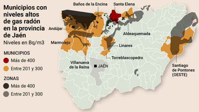 Municipios con niveles altos de gas radón en la provincia de Jaén. Fuente: Consejo de Seguridad Nuclear / DEPARTAMENTO DE INFOGRAFÍA
