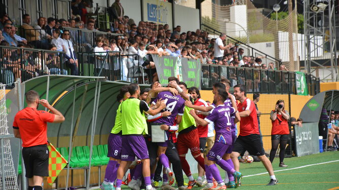 Los jugadores del Real Jaén celebran junto a su banquillo el gol de Carlos Fernández en Mancha Real.